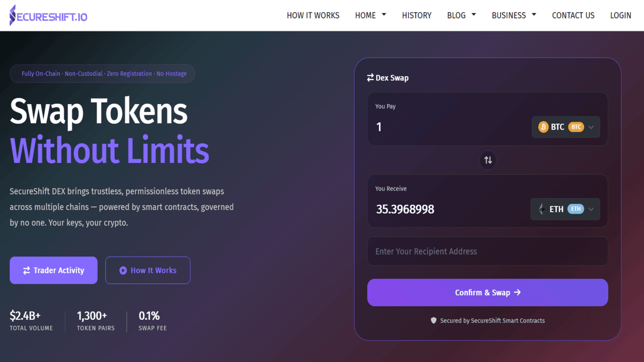 Swap Tokens Without Limits on Secureshift dex